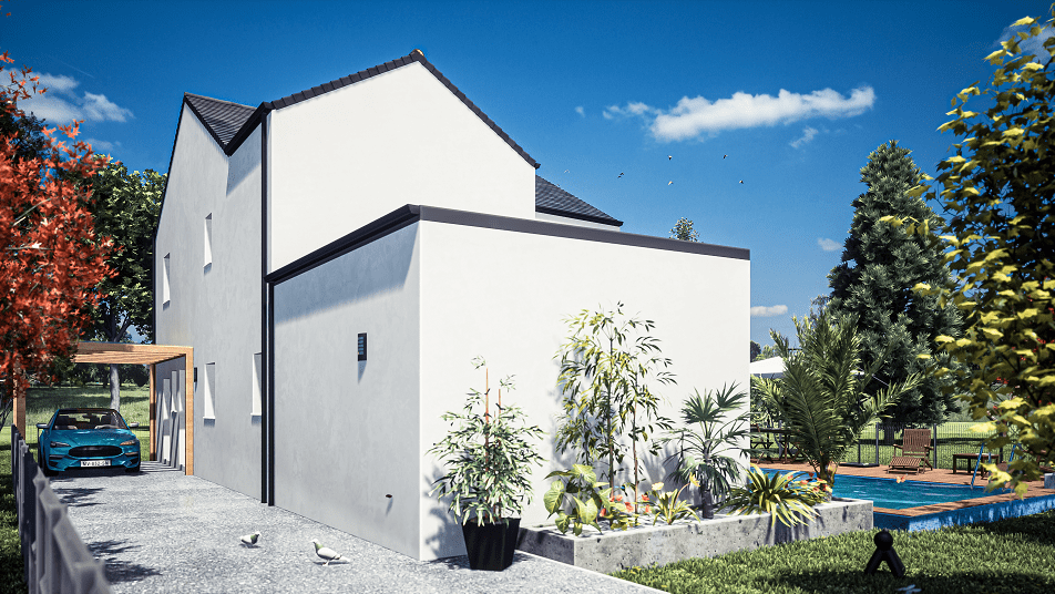 Arrière d'une maison à étage avec toit en ardoises