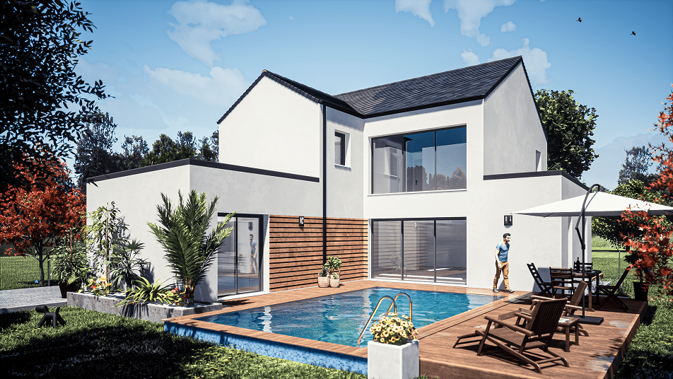 Piscine d'une maison à étage avec toit en ardoises