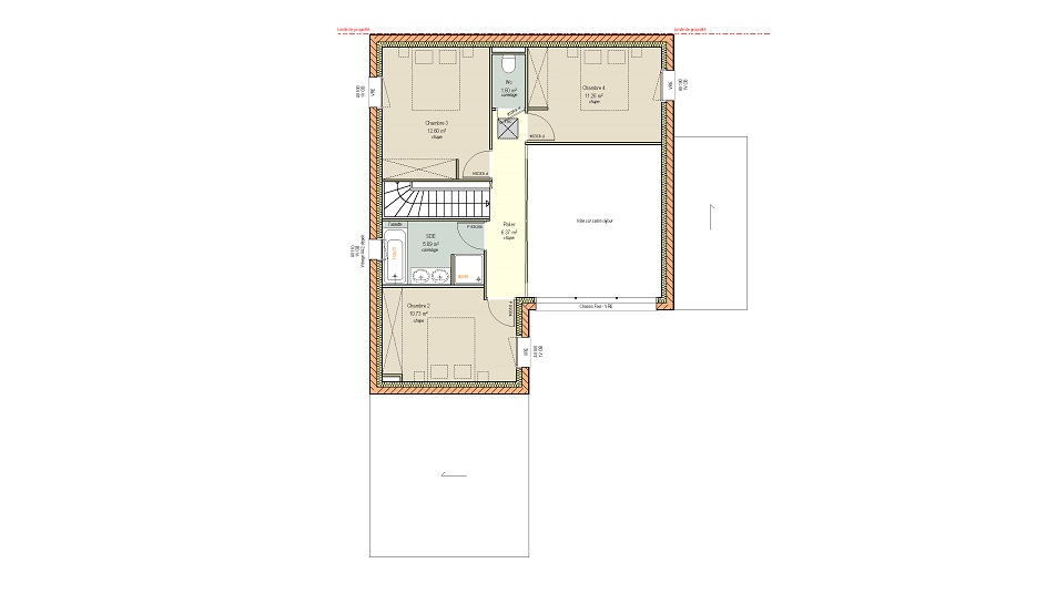 Plan de l'étage d'une maison à étage avec toit en ardoises
