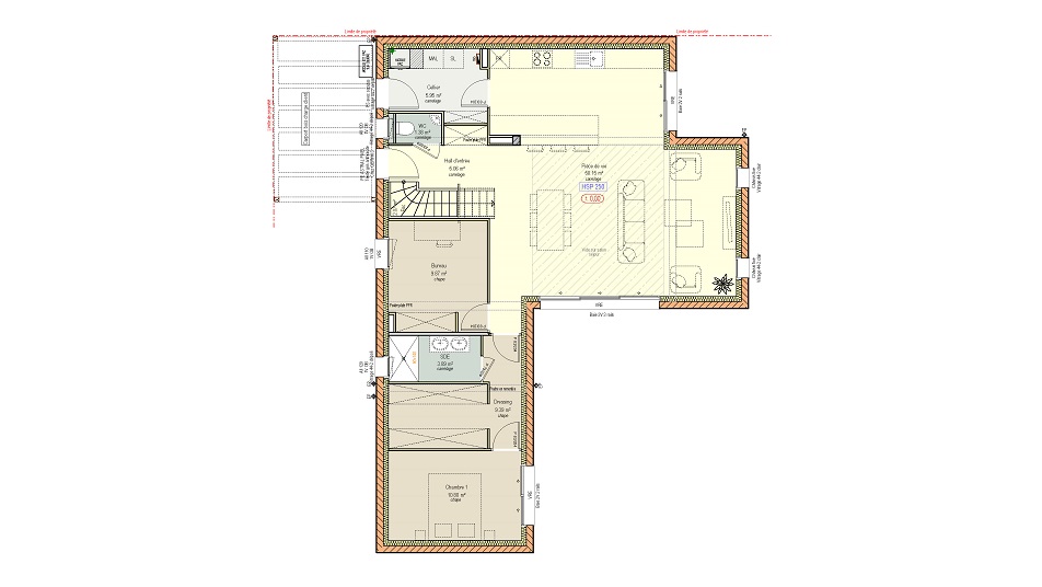 Plan du rez-de-chaussée d'une maison à étage avec toit en ardoises