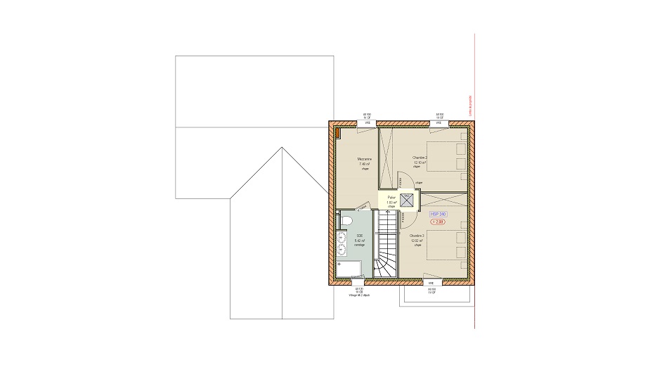 Plan de l'étage d'une maison à étage avec toit en ardoises