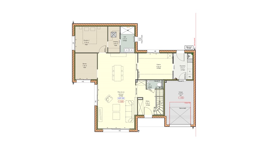 Plan du rez-de-chaussée d'une maison à étage avec toit en ardoises