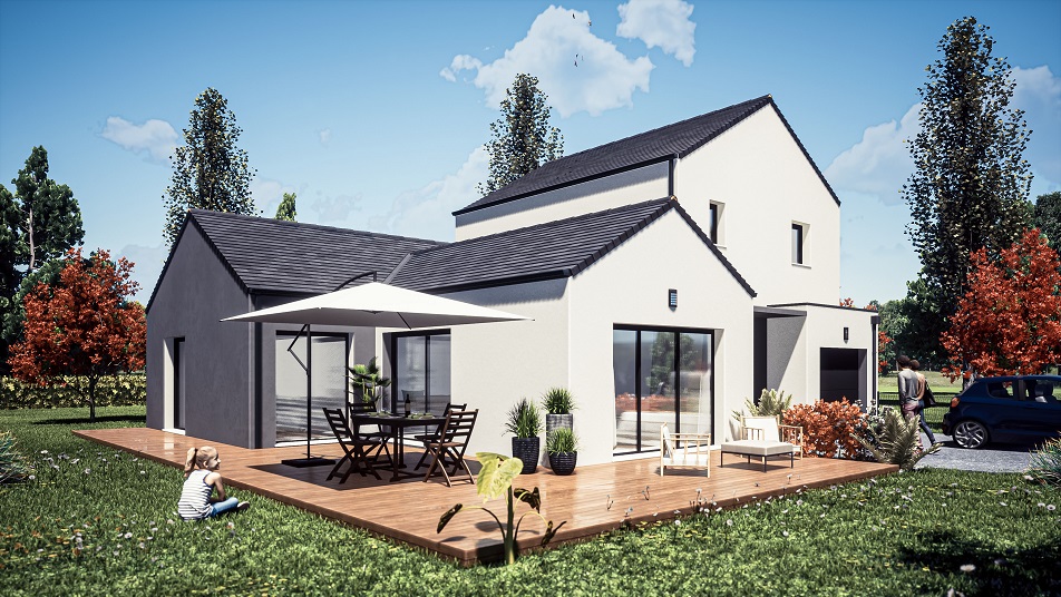 Terrasse d'une maison à étage avec toit en ardoises