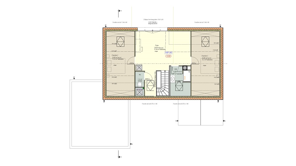 Plan de l'étage d'une maison à étage avec toit en ardoises
