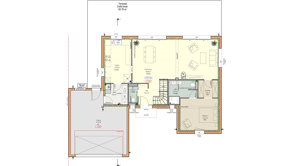 Plan du rez-de-chaussée d'une maison à étage avec toit en ardoises
