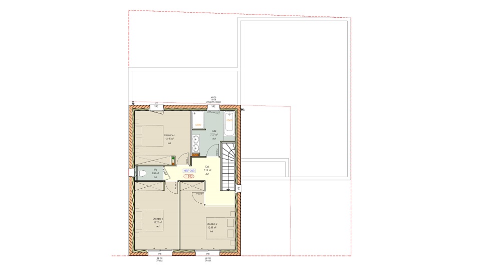 Plan de l'étage d'une maison à étage avec toit plat