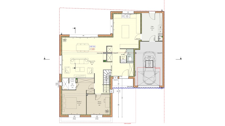 Plan du rez-de-chaussée d'une maison à étage avec toit plat