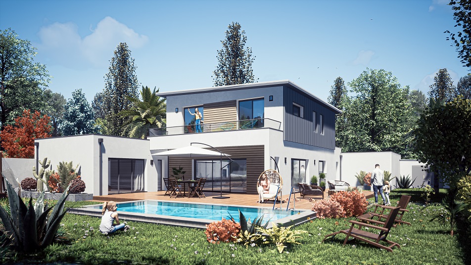 Jardin d'une maison à étage avec toit plat