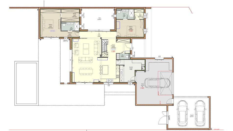 Plan du rez-de-chaussée d'une maison à étage avec toit plat