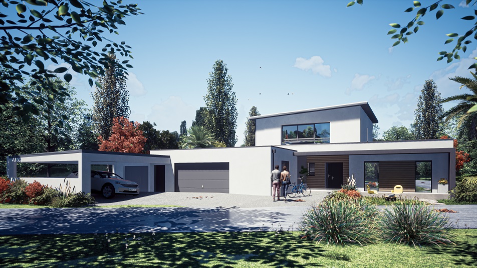 Vue de la rue d'une maison à étage avec toit plat