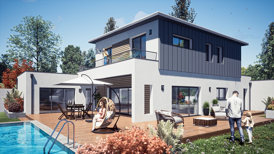 Terrasse d'une maison à étage avec toit plat
