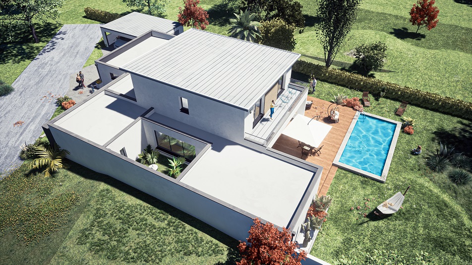 Vue aérienne d'une maison à étage avec toit plat