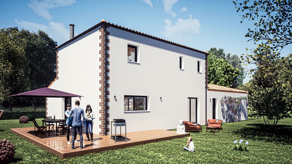 Arrière d'une maison à étage avec toit en tuiles