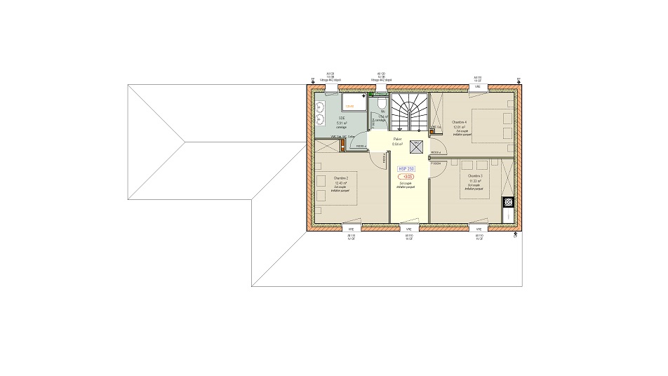 Plan de l'étage d'une maison à étage avec toit en tuiles