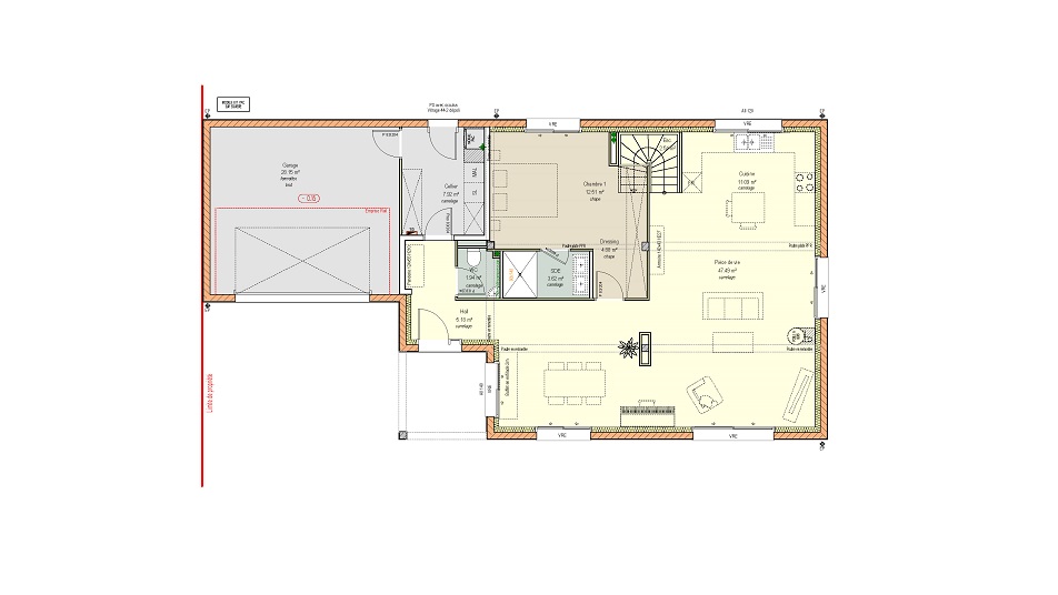 Plan du rez-de-chaussée d'une maison à étage avec toit en tuiles