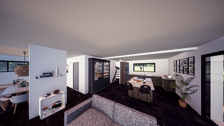 Salon d'une maison à étage avec toit en tuiles