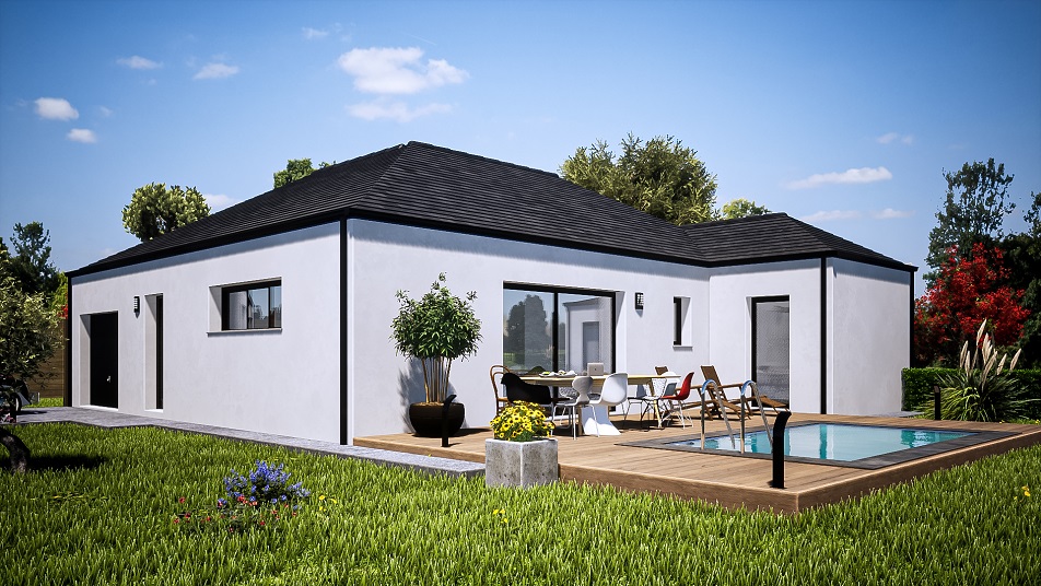 Jardin d'une maison de plain-pied avec toit en ardoises