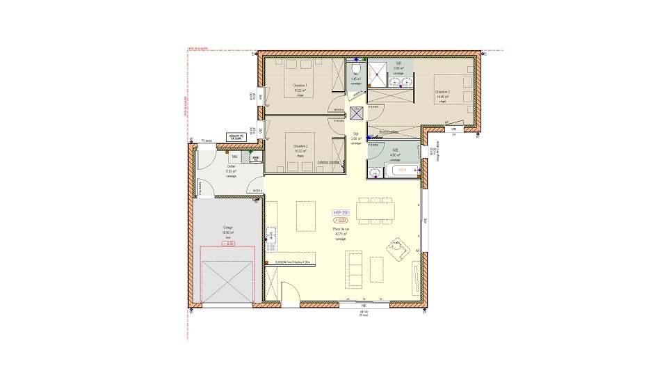Plan d'une maison de plain-pied avec toit en ardoises