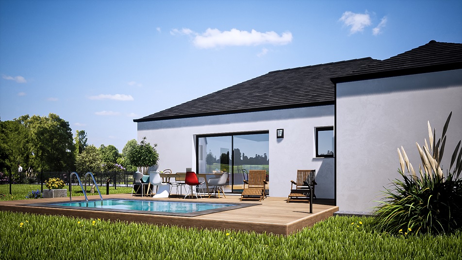 Terrasse d'une maison de plain-pied avec toit en ardoises