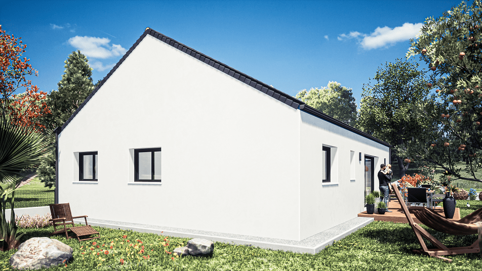 Arrière d'une maison de plain-pied avec toit en ardoises