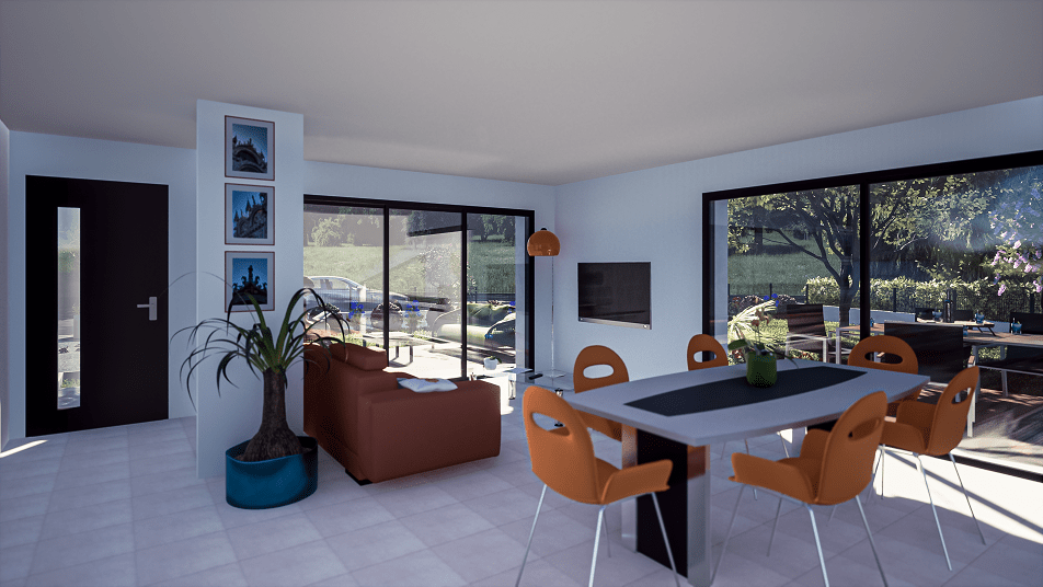 Intérieur d'une maison de plain-pied avec toit en ardoises