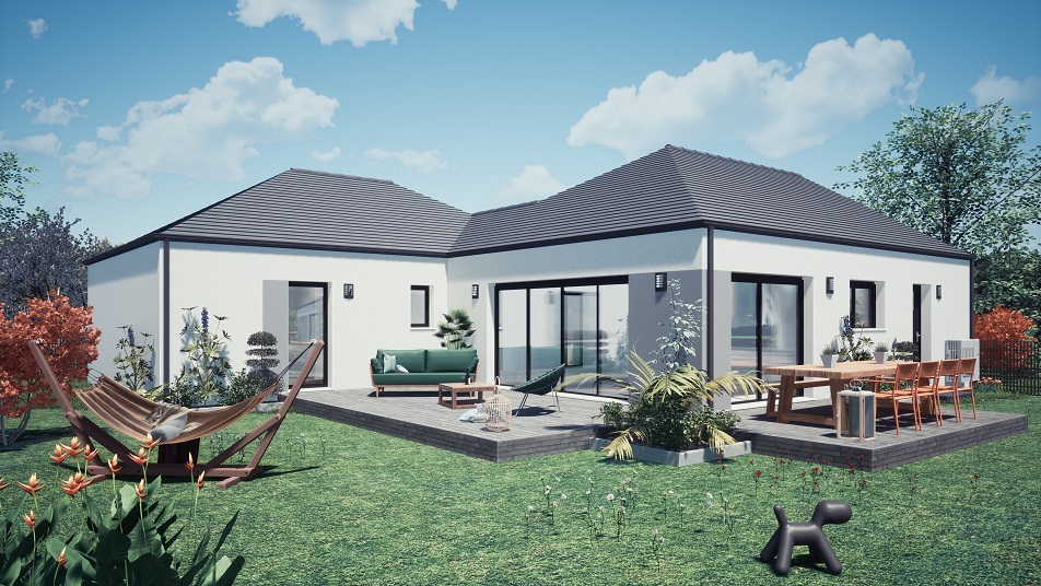 Jardin d'une maison de plain-pied avec toit en ardoises