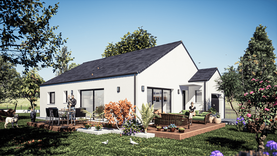 Jardin d'une maison de plain-pied avec toit en ardoises