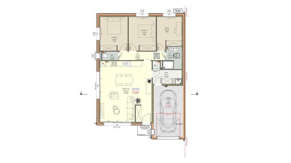Plan d'une maison de plain-pied avec toit en ardoises