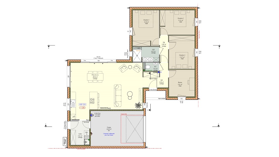 Plan d'une maison de plain-pied avec toit en ardoises