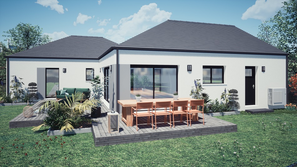 Terrasse d'une maison de plain-pied avec toit en ardoises