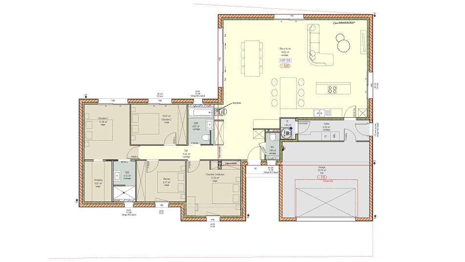Plan d'une maison de plain-pied avec toit plat