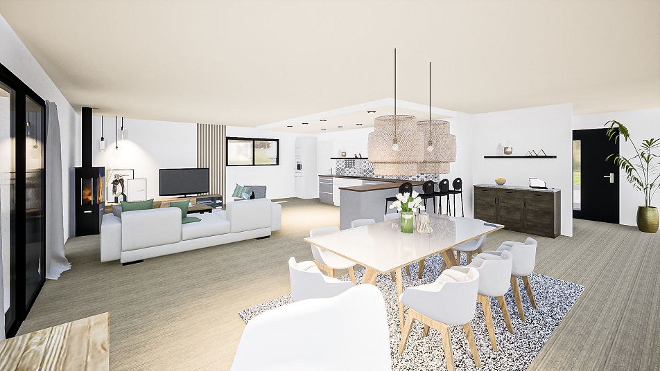 Salon d'une maison de plain-pied avec toit plat