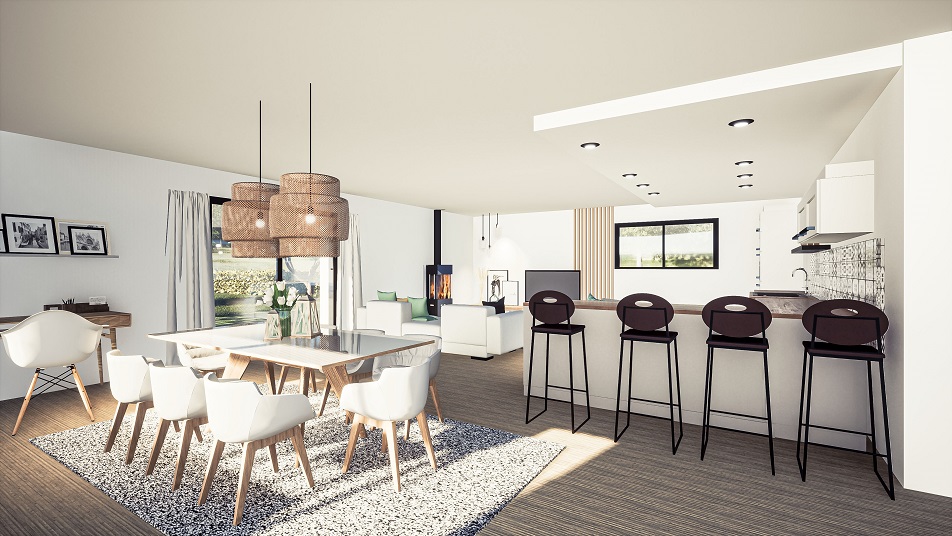 Salon d'une maison de plain-pied avec toit plat