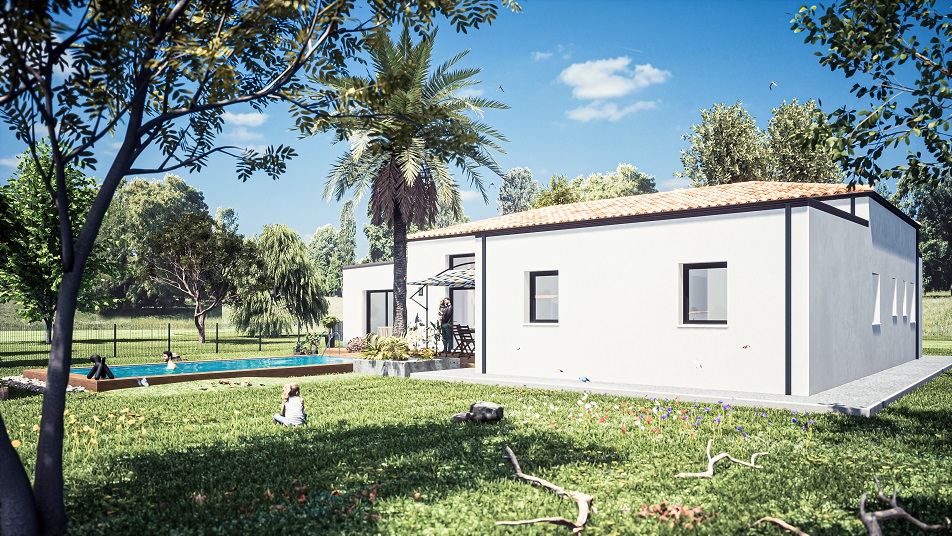 Jardin d'une maison de plain-pied avec toit en tuiles