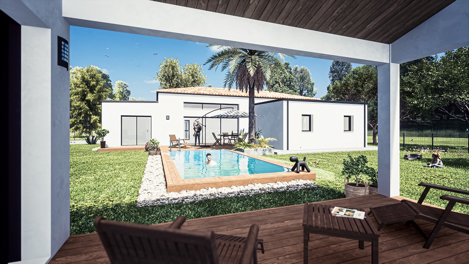 Piscine d'une maison de plain-pied avec toit en tuiles
