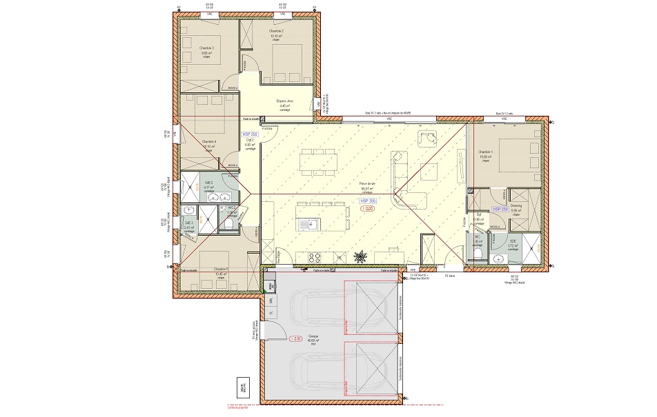 Plan d'une maison de plain-pied avec toit en tuiles