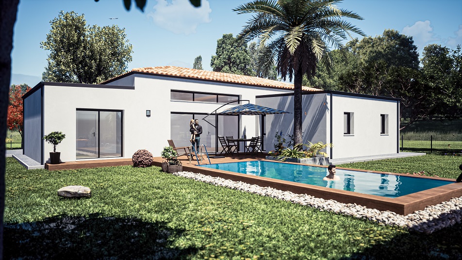 Terrasse d'une maison de plain-pied avec toit en tuiles