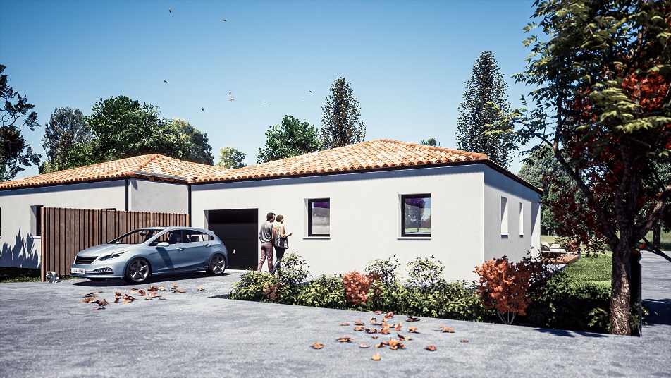 Garage d'une maison de plain-pied avec toit en tuiles