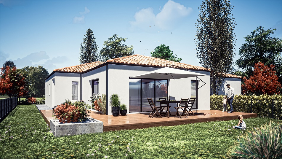 Jardin d'une maison de plain-pied avec toit en tuiles