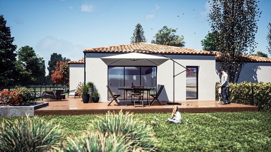 Terrasse d'une maison de plain-pied avec toit en tuiles