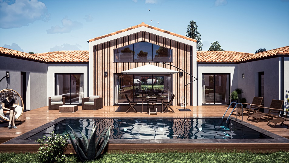 Piscine d'une maison de plain-pied avec toit en tuiles