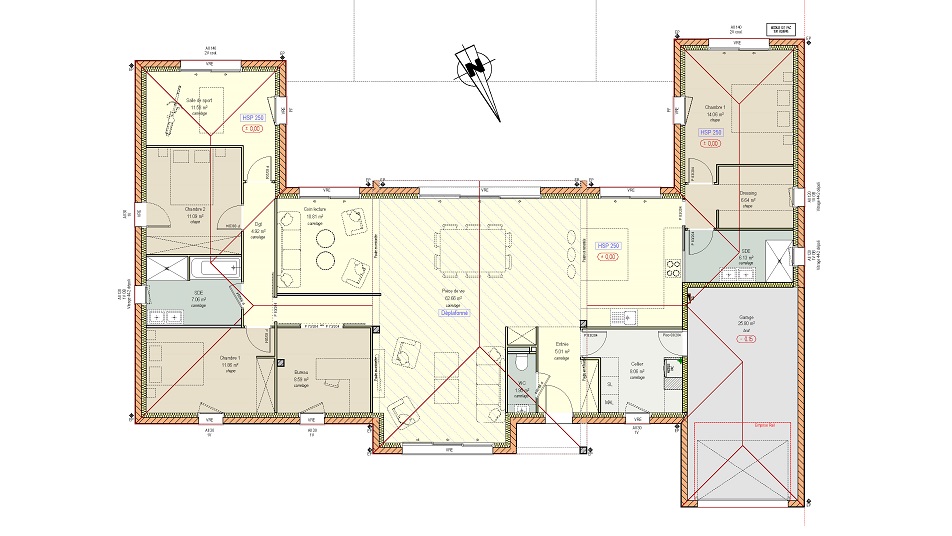 Plan d'une maison de plain-pied avec toit en tuiles