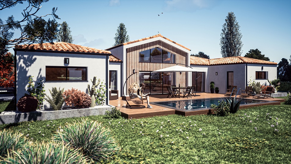 Terrasse d'une maison de plain-pied avec toit en tuiles