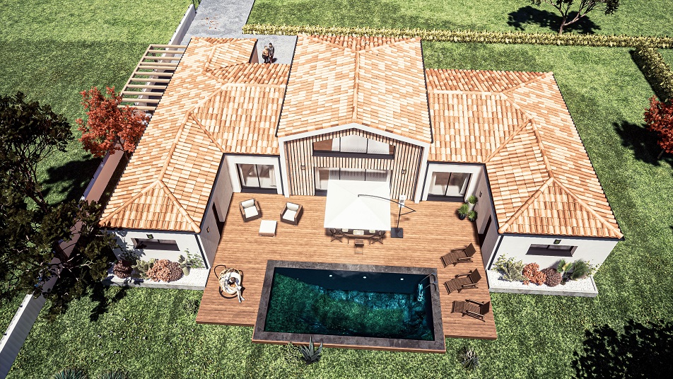 Vue aérienne d'une maison de plain-pied avec toit en tuiles