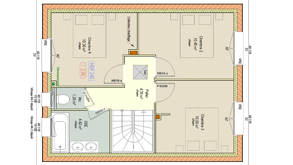 Plan de l'étage d'une maison à étage avec toit en ardoises