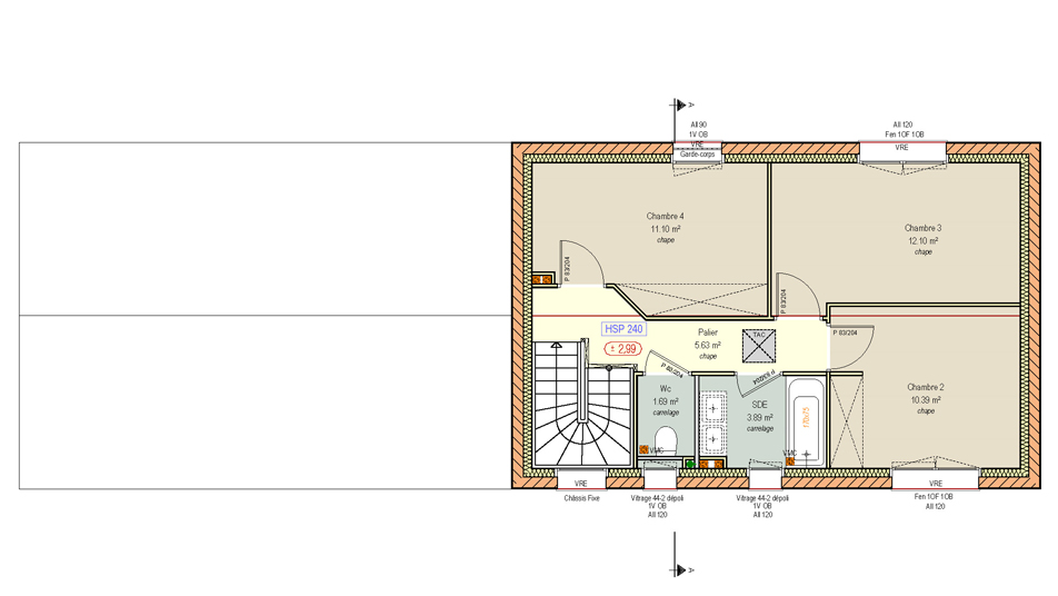 Plan de l'étage d'une maison à étage avec toit en ardoises