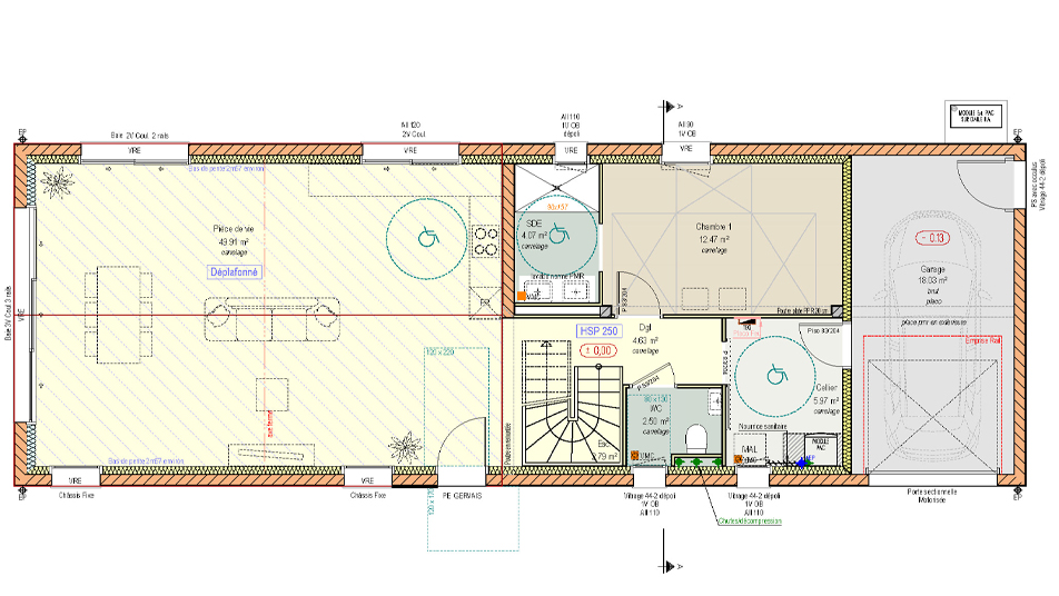 Plan du rez-de-chaussée d'une maison à étage avec toit en ardoises