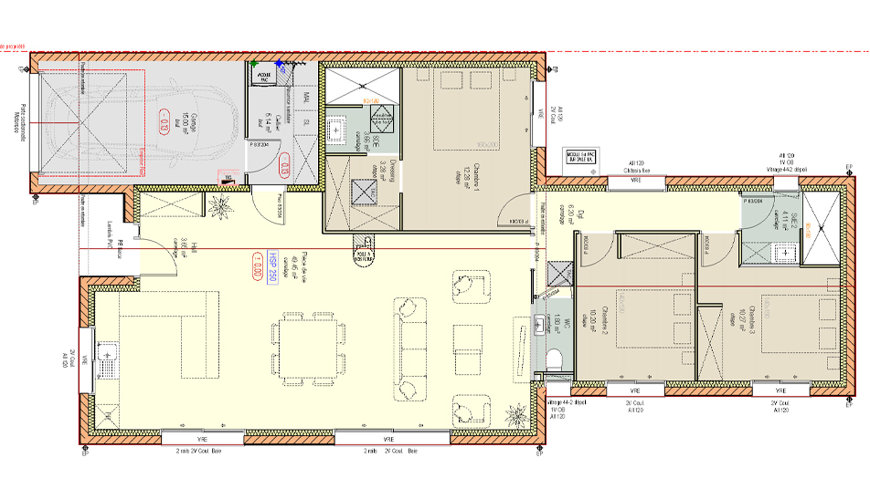 Plan d'une maison plain-pied avec toit en ardoises