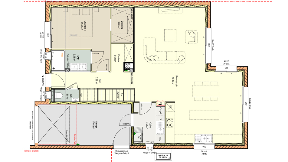 Plan du rez-de-chaussée d'une maison à étage avec toit plat