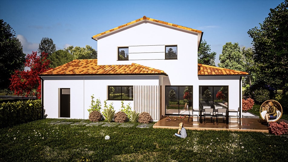 Jardin d'une maison à étage avec toit en tuiles